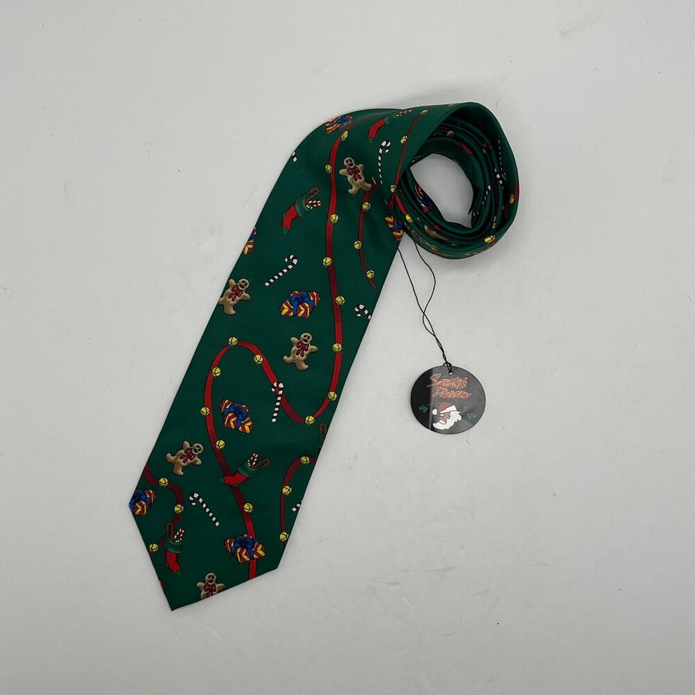 Santa's‎ Dream Green Christmas Holiday Winter Gingerbread Candy Cane Rayon Tie
